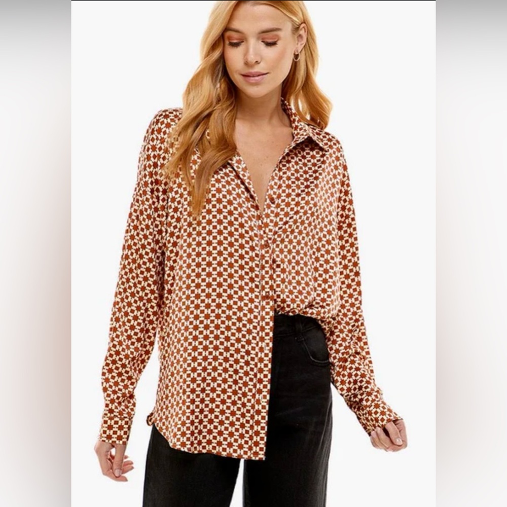 Oversized copper satin long sleeved shirt ..